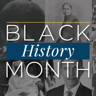Black History Month graphic with photos of historic black americans in the background