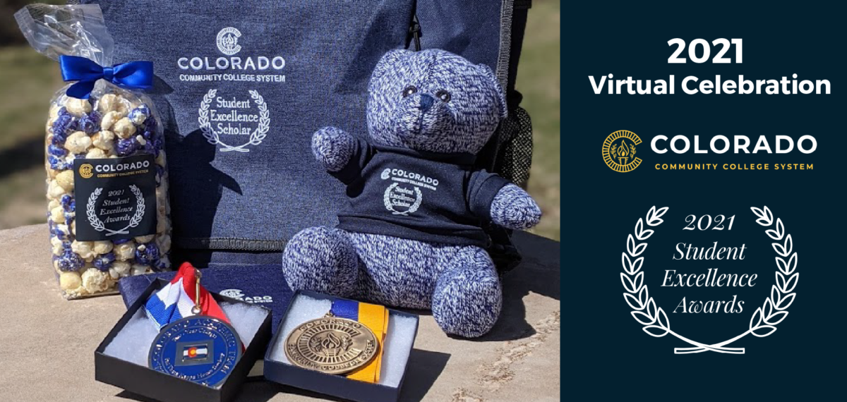 Virtual Celebration of 2021 Student Excellence Awards; Award gifts: backpack, stuffed bear, popcorn and medals with CCCS and award logos