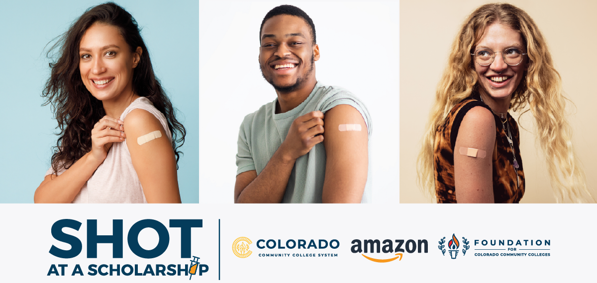 Three vaccinated college students showing their bandaids - "Shot at a Scholarship" with CCCS, Foundation, and Amazon logo