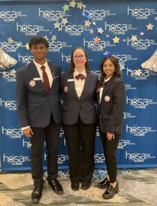 HOSA – Future Health Professionals officers (left to right) Jatin Potnuri, Olivia Trenholm, and Shrim Patel helped organize the conference.