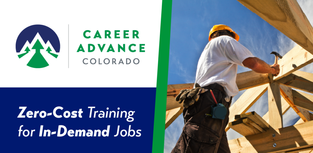A blog post banner depicting a construction worker hammering a frame with the words "Career Advance Colorado: Zero-Cost Training for In-Demand Jobs"