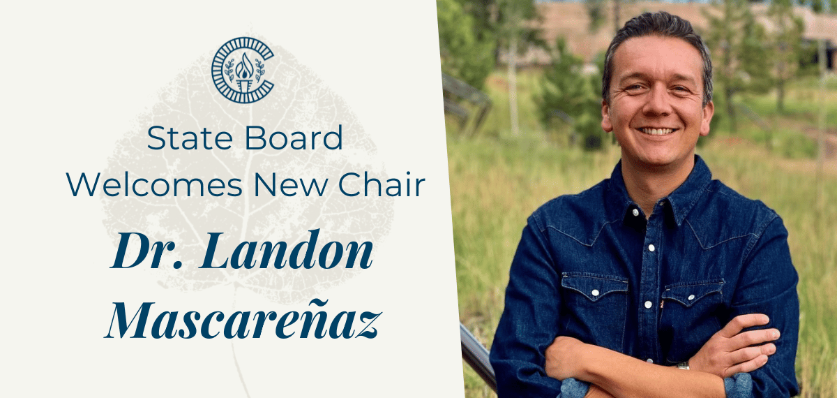 Headshot of Dr. Landon Mascareñaz with words "State Board Welcomes New Chair Dr. Landon Mascareñaz"