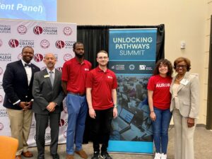 President Brownlee, Chancellor Garcia (left), and State Senator Rhonda Fields (right), pose with student panelists Nicholas Leftridge, Dylan Lawson, and Jada Gray.