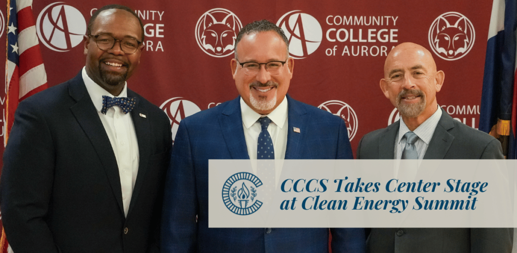 A picture of Chancellor Joe Garcia, Community College of Aurora president Dr. Mordecai Brownlee, and U.S. Secretary of Education Miguel Cardona.