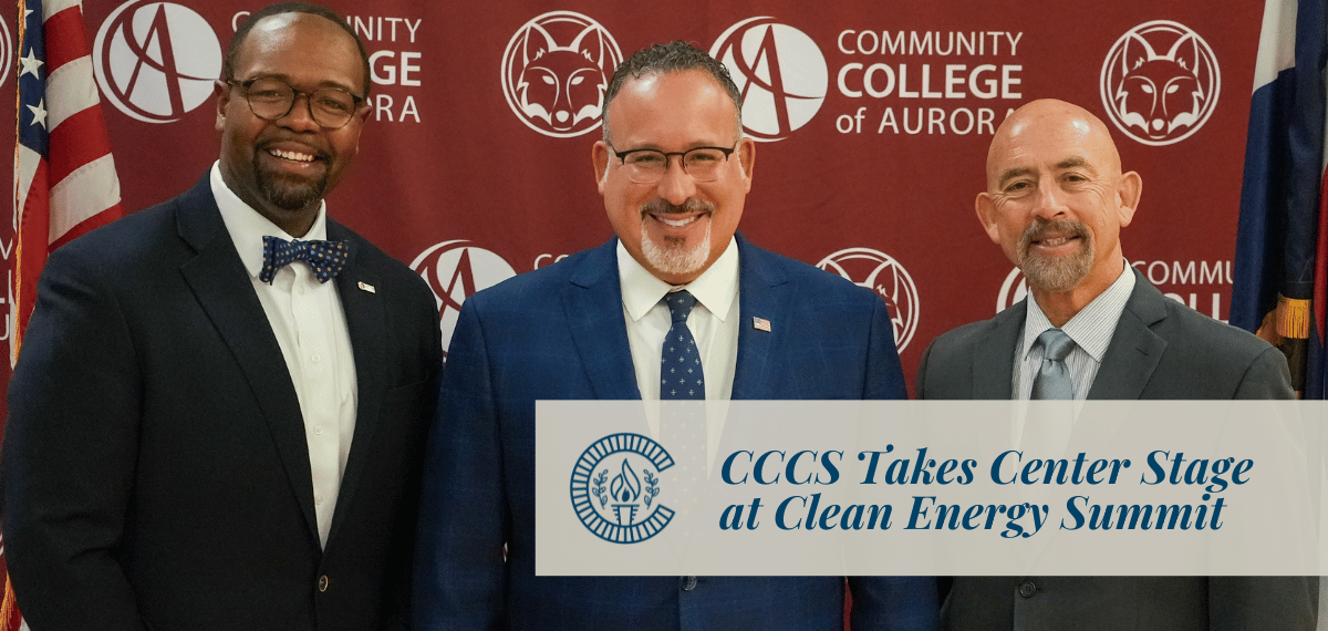 A picture of Chancellor Joe Garcia, Community College of Aurora president Dr. Mordecai Brownlee, and U.S. Secretary of Education Miguel Cardona.