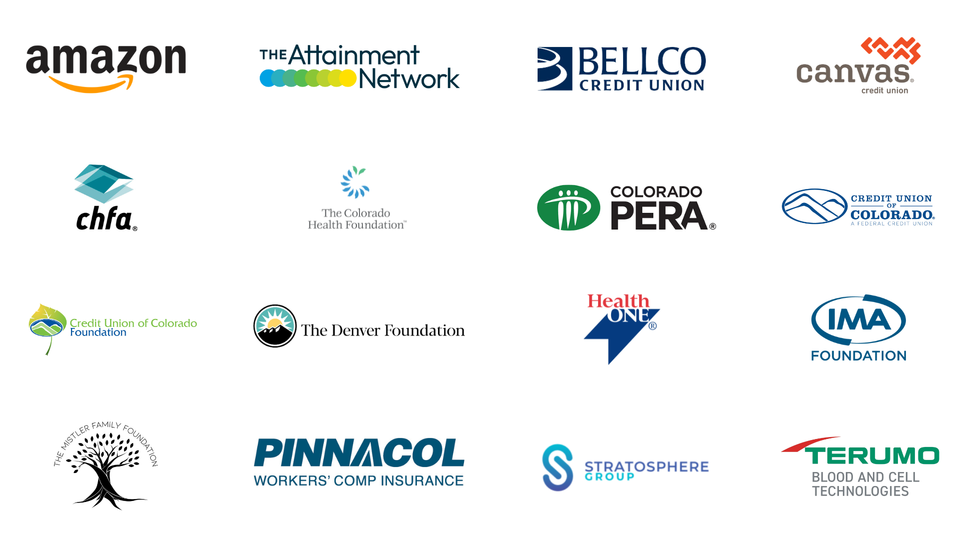 Graphic with collection of Champions Club Donors. Logos include: Amazon, The Attainment Network, Bellco Credit Union, Canvas Credit Union, CHFA, Colorado Health Foundation, Colorado PERA, Credit Union of Colorado, Credit Union of Colorado Foundation, The Denver Foundation, HealthONE, IMA Foundation, The Mistler Family Foundation, Pinnacol Workers’ Comp Insurance, Stratosphere Group, and Terumo Blood and Cell Technologies.