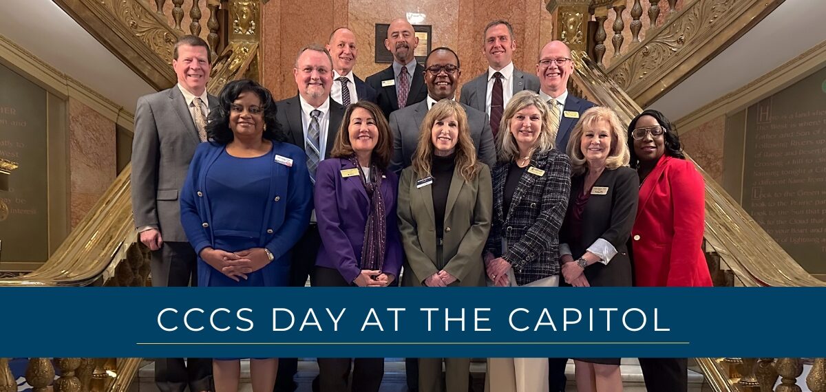 Group photo of Colorado Community College's 13 presidents and CCCS Chancellor at the capitol with text "CCCS Day at the capitol"