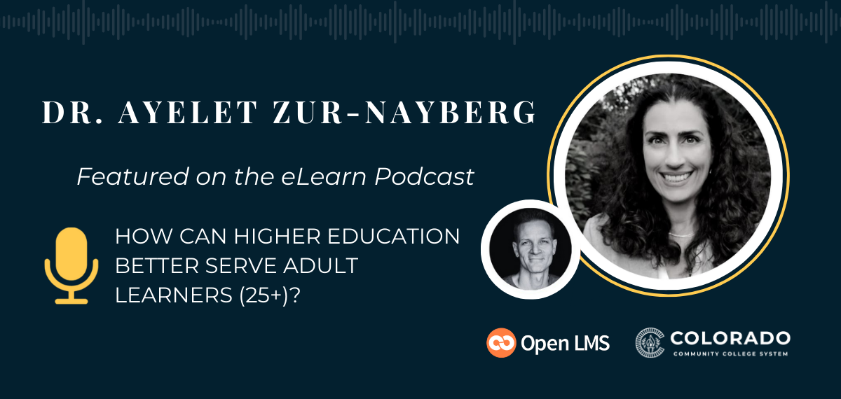 Graphic with text that says "Dr. Ayelet Zur-Nayberg, Featured on The eLearn Podcast, How can Higher Education better serve adult learners (25+)?", and headshots of host Stephen Ladek and CCCS's Director of Adult Student Success, Dr. Ayelet Zur-Nayberg.