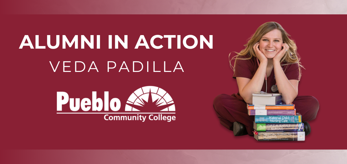 Graphic with text that reads, "Alumni In Action" and "Veda Padilla" featuring Veda Padilla's headshot.