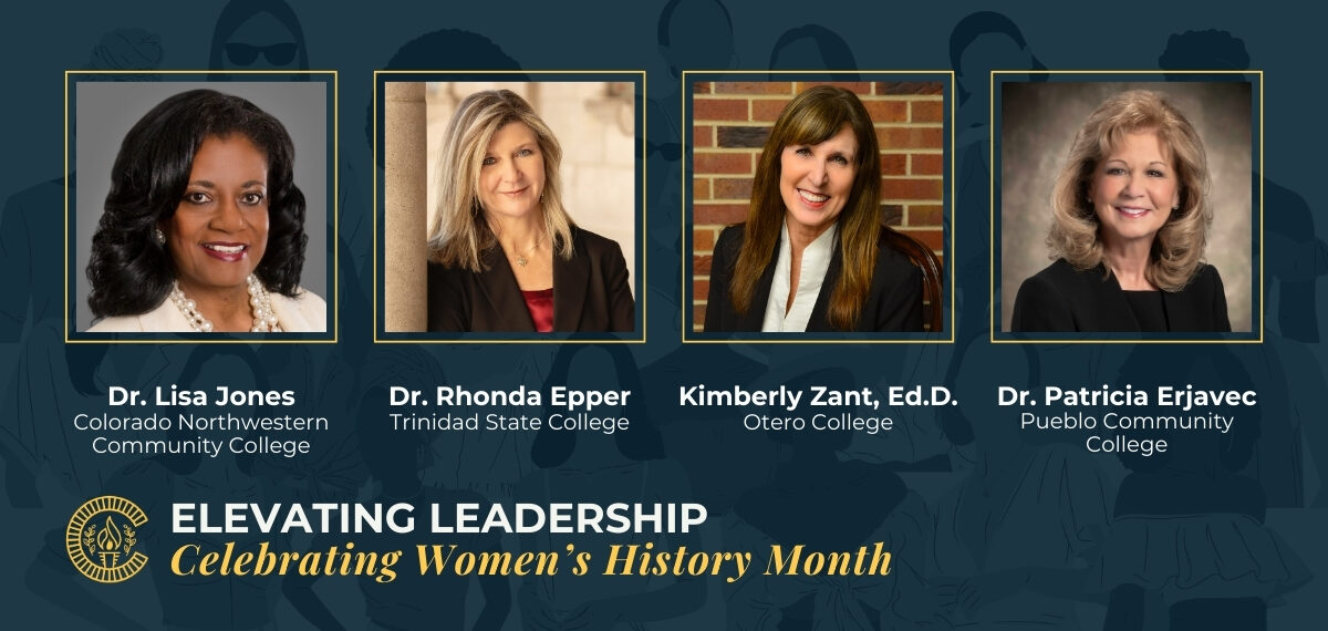 Graphic with headshots of Dr. Lisa Jones, Dr. Rhona Epper, Kim Zant Ed.D., and Dr. Patricia Erjavec. Text says, "Elevating Leadership, Celebrating Women's History Month"