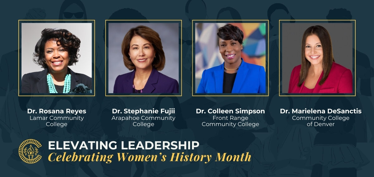 Graphic with headshots of Dr. Rosana Reyes, Dr. Stephanie Fujii, Dr. Colleen Simpson, and Dr. Marielena DeSanctis. Text says, "Elevating Leadership, Celebrating Women's History Month"